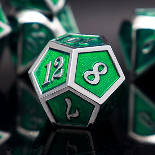 Haxtec Silver Emerald Green Metal DND Dice Set Enamel D&D Dice with Leather Dice Bag Compatible with Dungeons and Dragons TTRPG Gift for DND Lovers Players Masters - color: Silver Green