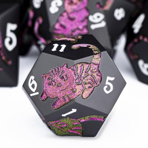 Metal DND Cat Dice 7PCS Polyhedral RPG Dice Set with Gift Case for Dungeons Dragons Role Playing Game, D and D Dice D6 D8 D10 D12 D20 D% (Purplish Red) ﻿ - color: Cat-purple Red&black