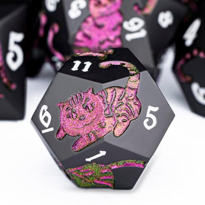Metal DND Cat Dice 7PCS Polyhedral RPG Dice Set with Gift Case for Dungeons Dragons Role Playing Game, D and D Dice D6 D8 D10 D12 D20 D% (Purplish Red) ﻿ - color: Cat-purple Red&black