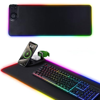 3 in 1 RGB Gaming Mouse Pad, Wireless Charging Mouse Mat Fast Charging for Phones Earbuds & Apple Watch, 15 Dynamic Lighting Modes, 31.5''x11.8'' Large Keyboard Pad with Magnetic Phone Holder