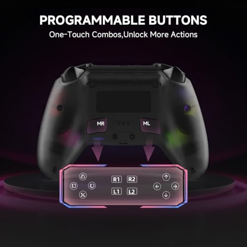 ASRVA Wireless Controller for PS5/PS5 Pro/PC, Hall Effect Joysticks & Triggers (No Drift), 2 Back Buttons, RGB, Translucent Design, Dual-Mode, Compatible with iOS/Android - color: Translucent