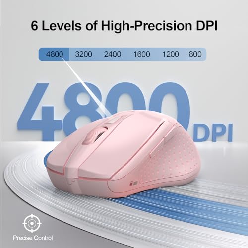 TECKNET Wireless Mouse, BT 5.0/2.4G, Silent 4800 DPI 6 Buttons, Pink | Bluetooth 5.0/3.0 & USB A, 2-Device Easy Switch, Wide OS Compatible, 6-DPI, Ergonomic for S/M Hands, Extended Battery - color: Pink