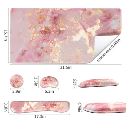 QIYI PU Leather Desk Mat Set, 4-in-1 Ergonomic Wrist Rest, Pink Marble | Waterproof Large Mouse Pad 31.5×15.7 + Keyboard Wrist Rest + Mouse Wrist Support+Coaster, Non-Slip Office Gaming Accessories - color: Pink Gold Marble