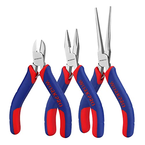WORKPRO Mini Pliers Set, 3-Piece Small Pliers Tool Kit | Includes 4” Diagonal Plier, 5” Long Nose Plier, 6” Needle Nose Plier, for Making Crafts, Repairing Electronic Devices