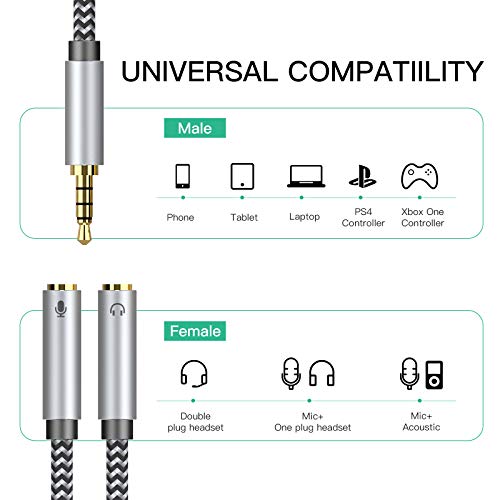 5ft Headset Splitter Adapter, Braided 3.5mm TRRS Male to Dual TRS Female Mic & Audio Jack Y Cable, Compatible with PS4 PS5 Xbox One PC Laptop - Connect Legacy Headsets to Single Port