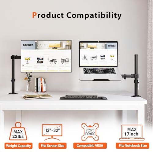 BONTEC Laptop Arm for Desk, 13-32 Inch, 22lbs, VESA 75/100 Compatible | Fully Adjustable Monitor Arm with Vented Tray for LCD Screens and Notebook up to 17", Dual Mounting Options - size: Single