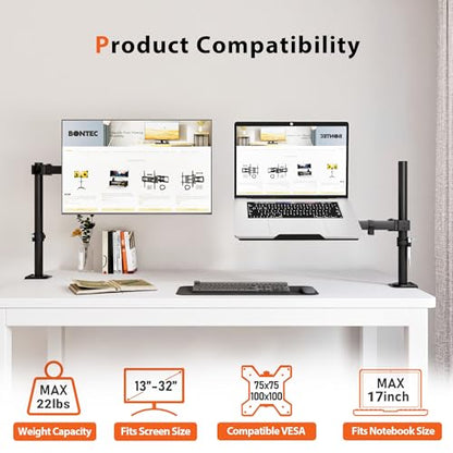 BONTEC Laptop Arm for Desk, 13-32 Inch, 22lbs, VESA 75/100 Compatible | Fully Adjustable Monitor Arm with Vented Tray for LCD Screens and Notebook up to 17", Dual Mounting Options - size: Single