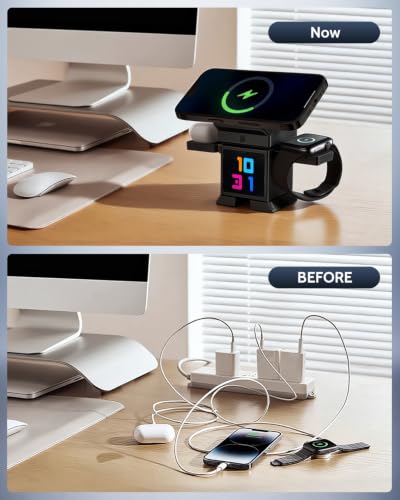 ModiTech 7 in 1 Wireless Charging Station for Apple-25W Qi2.2 (Black) | Magnetic Magsafe Charger Stand with Alarm Clock for iPhone 17/16/15/14/13/12-Apple Watch-Airpods Series, Adapter Included - color: Black