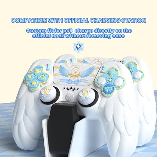 PlayVital Magic Wings Protective Silicone Cover Skin for ps5 Controller – Soft Anti-Slip Grip Protector Case for ps5 Controller with Thumbstick Caps & Stickers, Charging Station Compatible - White - color: White