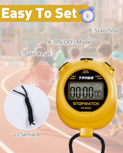 TPNEG Simple Stopwatch Timer - Easy to Use, Set Up, Read, and Carry - Large Display - On/Off, AAA Battery - Ideal for Coaches, Track and Field, Soccer Referees, Sports, Classroom - color: Yellow