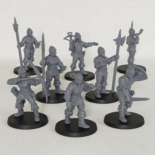 AUSPDICE Gothic City Guard Minis, 25mm Soldiers for TTRPGs, AF1104 S | 8pc Unpainted Human Soldier Figures with Polearms, Bow and Crossbow for Tabletop Gaming, Fantasy City Patrols, Armed Sentries - color: Af1104 S City Guard Warrior