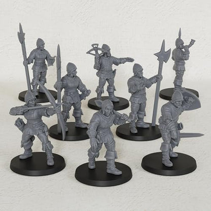 AUSPDICE Gothic City Guard Minis, 25mm Soldiers for TTRPGs, AF1104 S | 8pc Unpainted Human Soldier Figures with Polearms, Bow and Crossbow for Tabletop Gaming, Fantasy City Patrols, Armed Sentries - color: Af1104 S City Guard Warrior