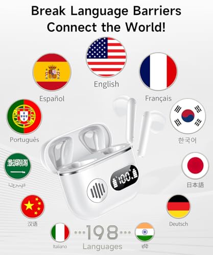 AI Translation Earbuds 198 Language Translator Earbuds Wireless Earbuds 2026 Sport Bluetooth Headphones Stereo Earphones with ENC Mic Wireless Earphones in Ear Earbuds with Dual LED Display（White） - color: off-white