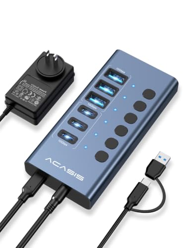 ACASIS 6 Ports Powered USB 3.2 Hub (3 USB-A 3.2 +3 USB-C 3.2), 10Gbps | Individual On/Off Switch for Each Port • Aluminum Housing • Better Heat Dissipation • Plug & Play • 48W Power Adapter - size: 6 Ports