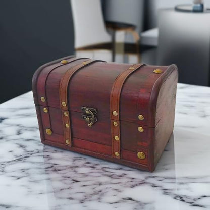 Wood and Leather Treasure Decorative Storage Chest With Lock and Lids - Handcrafted Small Stash Box for Home Decor