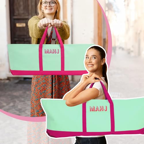 Mahjong Bag for Tiles and Racks Empty American Mahjong Tiles Carrying Tote 31.5 x 12 x 4 Inch Canvas Tile Game Accessory Gift for Pusher Rack Mat Carrying, Case Only(Rose Red and Green) - color: Rose Red and Green