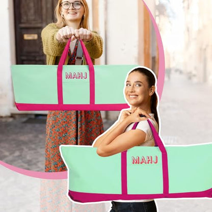 Mahjong Bag for Tiles and Racks Empty American Mahjong Tiles Carrying Tote 31.5 x 12 x 4 Inch Canvas Tile Game Accessory Gift for Pusher Rack Mat Carrying, Case Only(Rose Red and Green) - color: Rose Red and Green