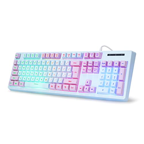 HUO JI Gaming Keyboard USB Wired with Rainbow LED Backlit, Floating Keys, Mechanical Feeling, Spill Resistant, Ergonomic for Xbox, PS Series, Desktop, Computer, PC, Blue Purple - color: Blue/Purple