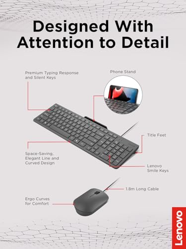Lenovo 310 USB-A Wired Keyboard Mouse Combo, Quiet Keys, Ultra-Slim Gaming Design, Spill-Resistant, Integrated Phone Stand, Compatible w Laptop, PC, Tablet – Ergonomic Mouse Mechanical Keyboard USB - style: 310 USB-A Combo