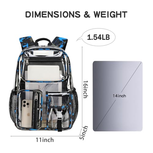 Large Clear Backpack Heavy Duty For Stadiums Events,16in TPU Blue BookBag | Large capacity See Through strong Plastic backpack Stitch Durable Design 6-Pocket For School carry Airport Quick Security - color: Blue