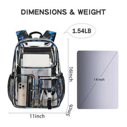 Large Clear Backpack Heavy Duty For Stadiums Events,16in TPU Blue BookBag | Large capacity See Through strong Plastic backpack Stitch Durable Design 6-Pocket For School carry Airport Quick Security - color: Blue