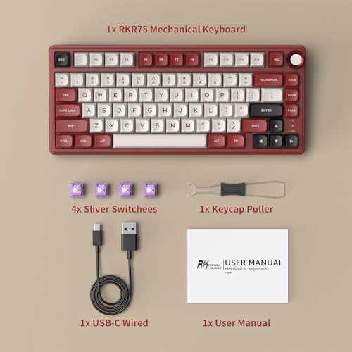 RK ROYAL KLUDGE R75 Mechanical Keyboard Wired with Volume Knob, 75% Keyboard Gasket Mounted, RGB Backlit, Creamy Keyboard with MDA Profile, PBT Keycaps, Hot Swappable Pre-lubed Linear Switch - color: red