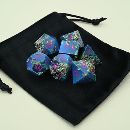 Ocean Theme 7-Piece Resin Dice Set - Polyhedral Dice with Coral & Fish Design for Tabletop RPG, Fantasy Gaming & Role-Playing Game Accessories(Ocean World) - style: Ocean World