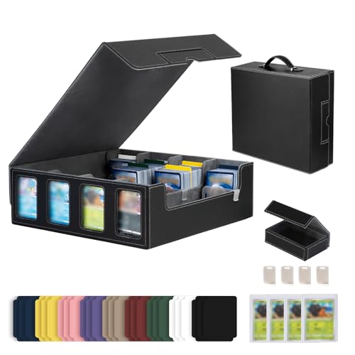 Trading Card Storage Box with Commander Display, 5-Row Deck Case with Removable Lid & Handle, 3000+ Card Organizer with 24 Colorful Dividers & 4 Stoppers for MTG, Black & Grey - color: Black & Grey, size: 3000+, with Handle