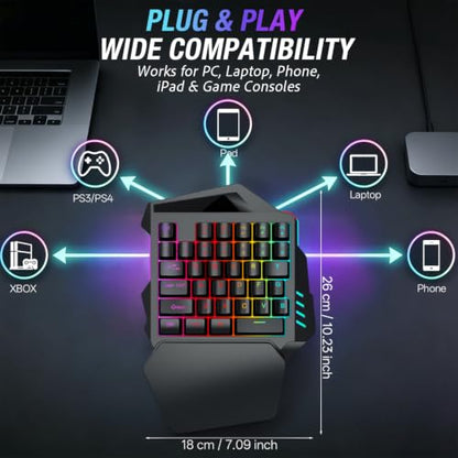 One Hand RGB Gaming Keyboard, Single Hand Keyboard with Wrist Rest, 35 Keys Portable Mini Half Gaming Keypad Mechanical Feeling Ergonomic Game Controller for PC Gamer