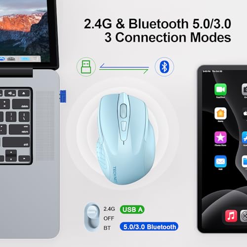 TECKNET Wireless Mouse, BT 5.0/2.4G, Silent 4800 DPI 6 Buttons, Lightblue | Bluetooth 5.0/3.0 & USB A, 2-Device Easy Switch, Wide OS Compatible, 6-DPI, Ergonomic for S/M Hands, Extended Battery - color: Lightblue