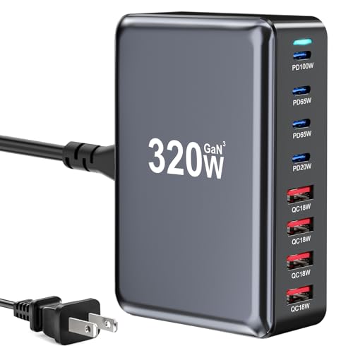 320W USB C Fast Charger Block, Multi-port USB Charging Station, GaN Ⅲ Double 100W PD PPS Port Fast Charging Station for Multiple Devices,Laptop Wall Charger Compatible with MacBook, iPhone 17,iPad etc - size: 320W