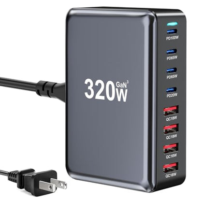 320W USB C Fast Charger Block, Multi-port USB Charging Station, GaN Ⅲ Double 100W PD PPS Port Fast Charging Station for Multiple Devices,Laptop Wall Charger Compatible with MacBook, iPhone 17,iPad etc - size: 320W