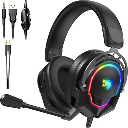 K98 Wired RGB Gaming Headset with Mic, Over Ear Gaming Headphones, 50mm Neodymium Drivers, Noise Isolating Microphone, Memory Foam Cushions, Aluminum Alloy Frame for PC, PS5, PS4, Xbox, Switch - color: Black/Gray RGB