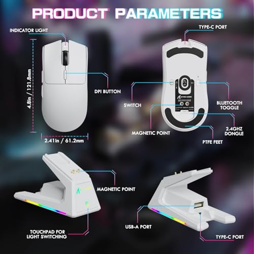 ATTACK SHARK X1 Ultralight Tri Mode Wireless 40000 DPI Gaming Mouse-White | Magnetic RGB Charging Dock,PixArt PAW3395 Pro Sensor,BT/2.4Ghz/Wired,1K Polling,Optical Micro Switch,Driver for PC Mac Gamer - color: White