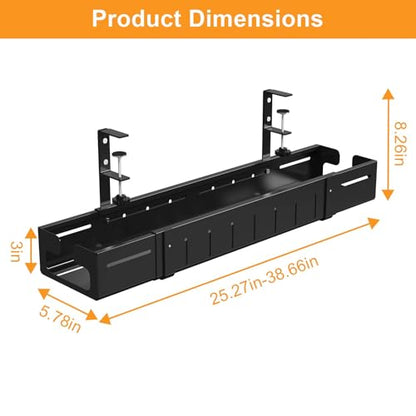 Under Desk Cable Management Tray Black | Expandable 25.27"-38.66", Sturdy Steel Desk Cord Hider Raceway for Office/Home