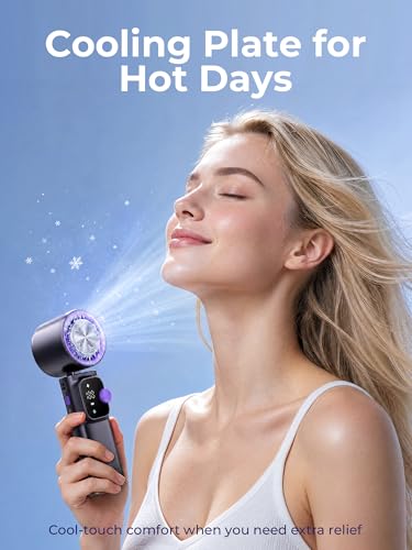 Portable Handheld Turbo Fan with Cooling Plate, 1-199 Speeds, LED Display | 4000mAh USB-C rechargeable battery, 15000 RPM motor, neck and desk modes for travel, office and camping - color: Grey Purple