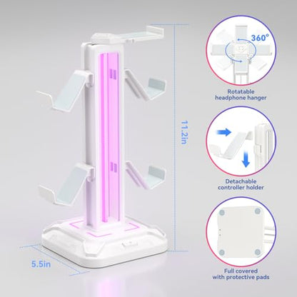 KDD RGB Headset Stand with 9 Light Modes - Controller Holder for Desk - Rotatable Headphone Stand & Detachable Controller Hook for PC Earphone Accessories(White) - color: White