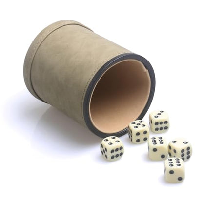 PU Leatherette Dice Cup with 6 Dot Dices for Yahtzee Farkle Bar Party Dice Games - color: Light Brown