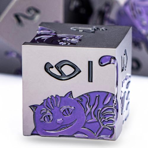Metal DND Cat Dice 7PCS Polyhedral RPG Dice Set with Gift Case for Dungeons Dragons Role Playing Game, D and D Dice D6 D8 D10 D12 D20 D% (Grey Purple) - color: Cat-grey Purple