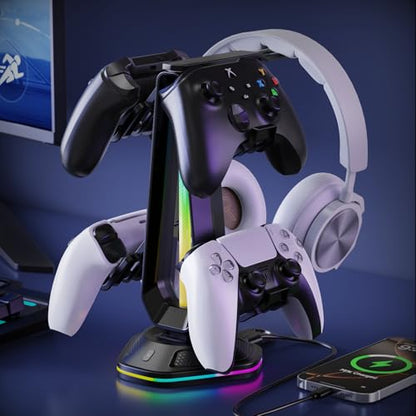 Luckit Gaming Headphones Stand, RGB Headset Stand with 12 Light Modes, Controller Holder with 2 USB Charging Ports - Supports Data Transfer, Earphone Hanger Accessories for Desktop Gamer