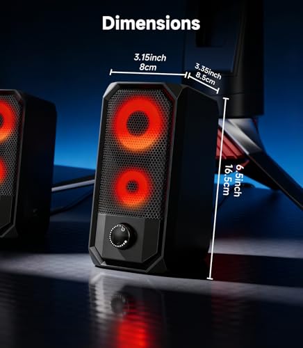 Computer Speakers for Desktop, Hi-Res Stereo Pair with Dual 5W Full-Range Drivers, 6 RGB Light Modes, USB Powered & 3.5mm AUX Input, Volume Knob, Mini Vertical Design for PC Gaming Monitor Laptop