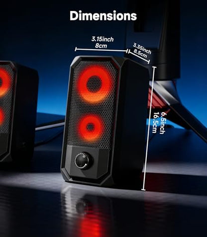 Computer Speakers for Desktop, Hi-Res Stereo Pair with Dual 5W Full-Range Drivers, 6 RGB Light Modes, USB Powered & 3.5mm AUX Input, Volume Knob, Mini Vertical Design for PC Gaming Monitor Laptop
