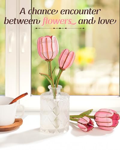 rowood Wooden Flower,3D Puzzles for Adults,Artifical Flower Botanical Collection Building Kit,Mother's Day/Valentine's Day Pink Tulip - style: Pink Tulip