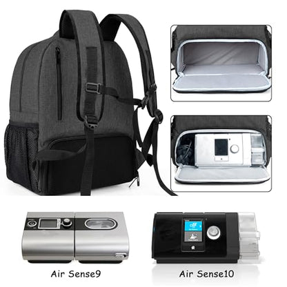 CURMIO CPAP Backpack Compatible with ResMed AirSense 9 10 11, Black | CPAP Supplies Storage Bag with Chest Belt for Power Supply, Mask, Headgear strap, Tubes, Empty Bag - color: Black