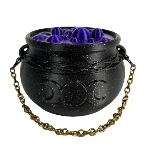 Witch's Cauldron Bowl with Bubbling Potion Lid and Chain - Spooky Halloween Goth Decor - RPG Dice Holder Stash Storage (3in Triple Moon) - size: 3in Triple Moon