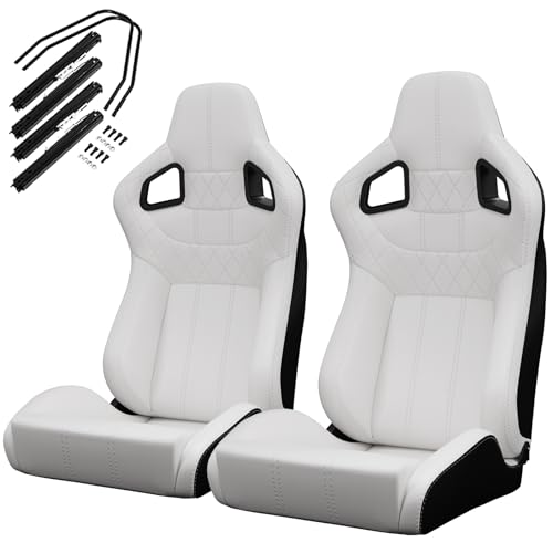 2 Pcs Adjustable Universal Racing Seats with Double Sliders, Reclinable Bucket Seats, 1 Pair of Sport Seats for Vehicles (White) - color: White