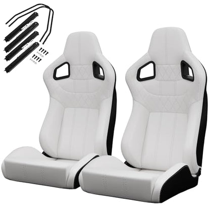 2 Pcs Adjustable Universal Racing Seats with Double Sliders, Reclinable Bucket Seats, 1 Pair of Sport Seats for Vehicles (White) - color: White