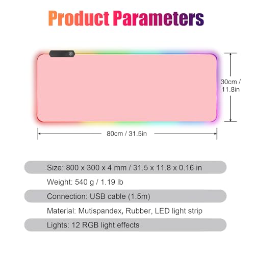 RGB Large Gaming Mouse Pad, Extended Mouse Pad with 12 Lighting Effects, Water Proof Mutispandex Surface, Non-Slip Rubber Base, 80x30 cm / 31.5×11.8 in (Pink) - color: Pink