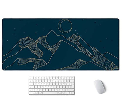 SSOIU Mountain & Moon Landscape Blue Desk Mat, Extended Gaming Mouse Pad 35.5x15.7 in, Large Non-Slip Rubber Base Mousepad with Stitched Edges, Waterproof Keyboard Mouse Mat Desk Pad for Office, Home - color: Mountain & Moon Landscape Blue