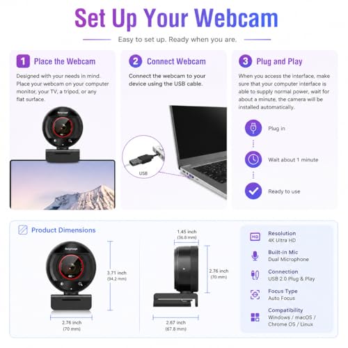 4K Webcam for PC Computer PDAF Autofocus with Built-in Microphone Windows | 1080P@60fps, Privacy Cover, Dual Noise Cancel Mics, 8X Digital Zoom, 78° FOV, Compatible Zoom Teams Twitch Google Meet